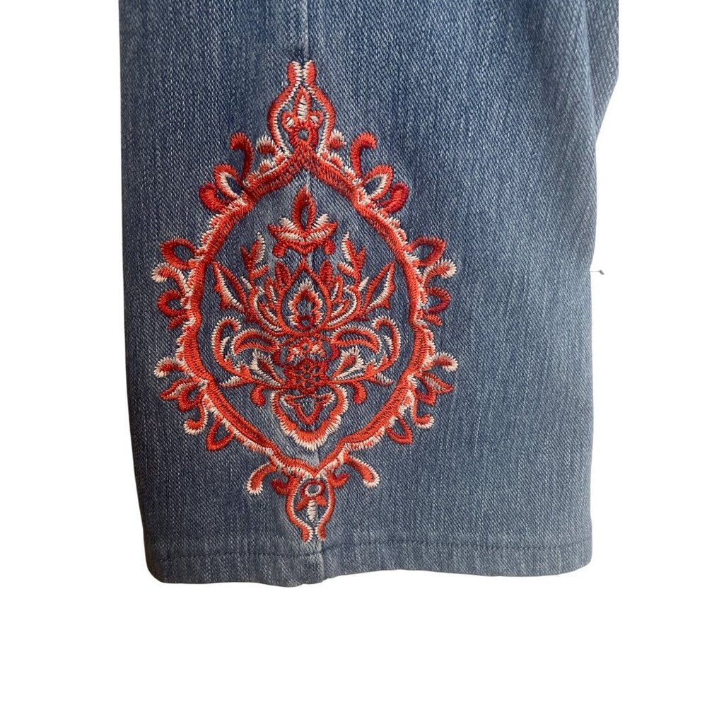 Belle Kim Gravel Medium Wash Denim Crop Jeans Orange Embroidery Size 16 - Picture 4 of 16